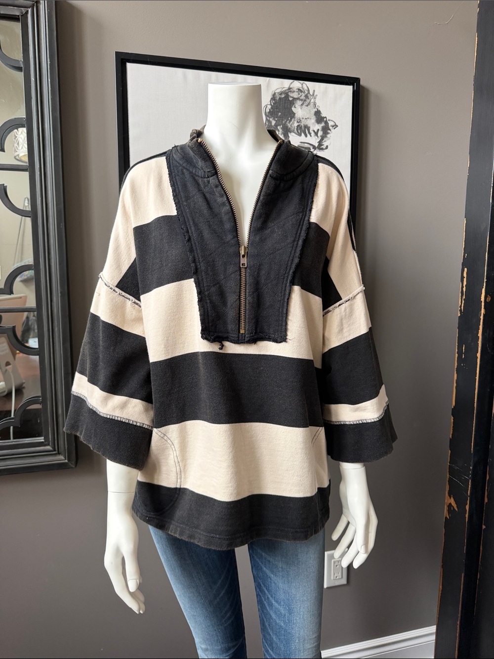 We The Free Bold Black & Cream Striped Half-Zip Pullover